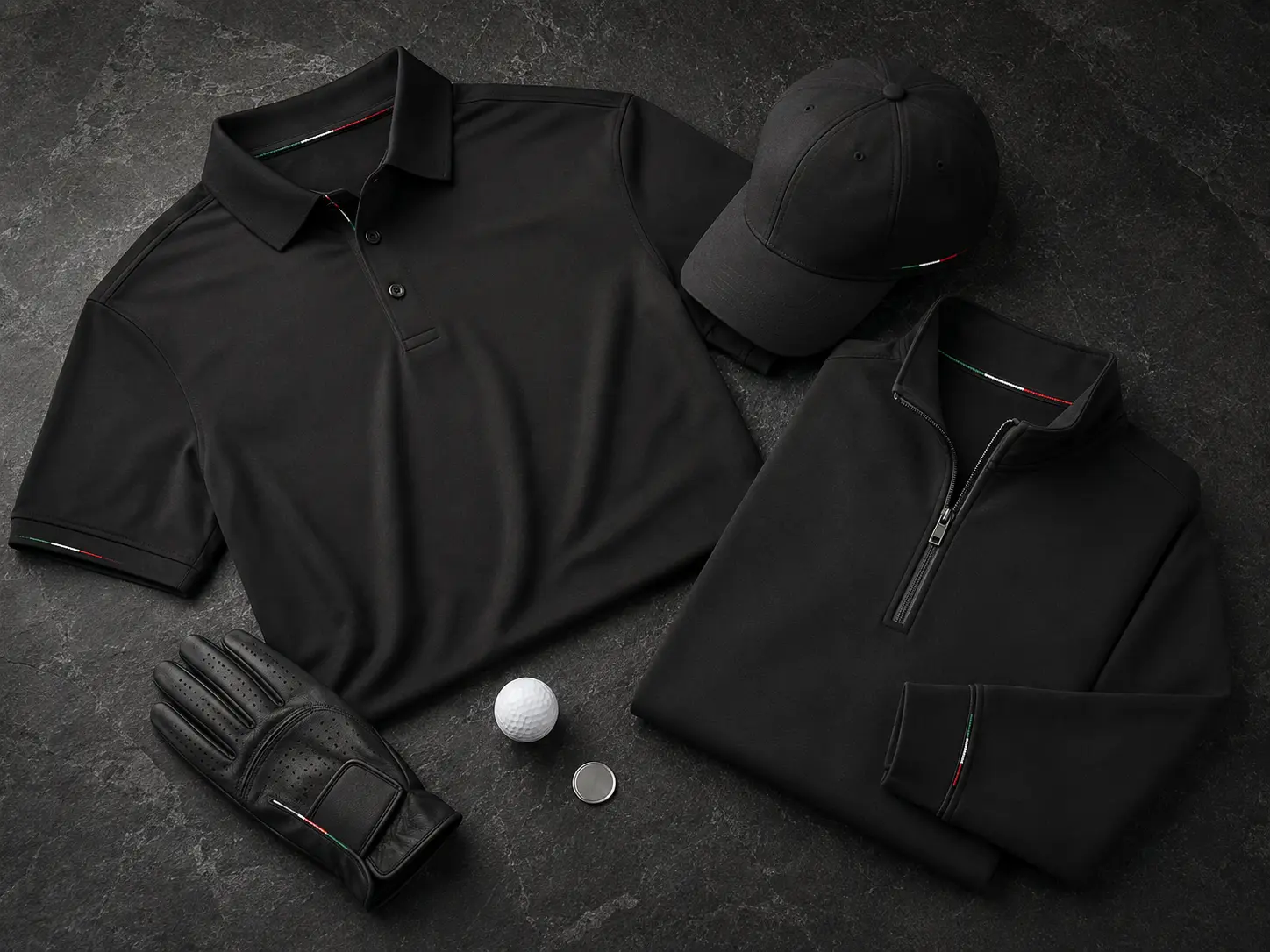 A premium black golf polo, cap, quarter-zip, glove, ball, and platinum marker