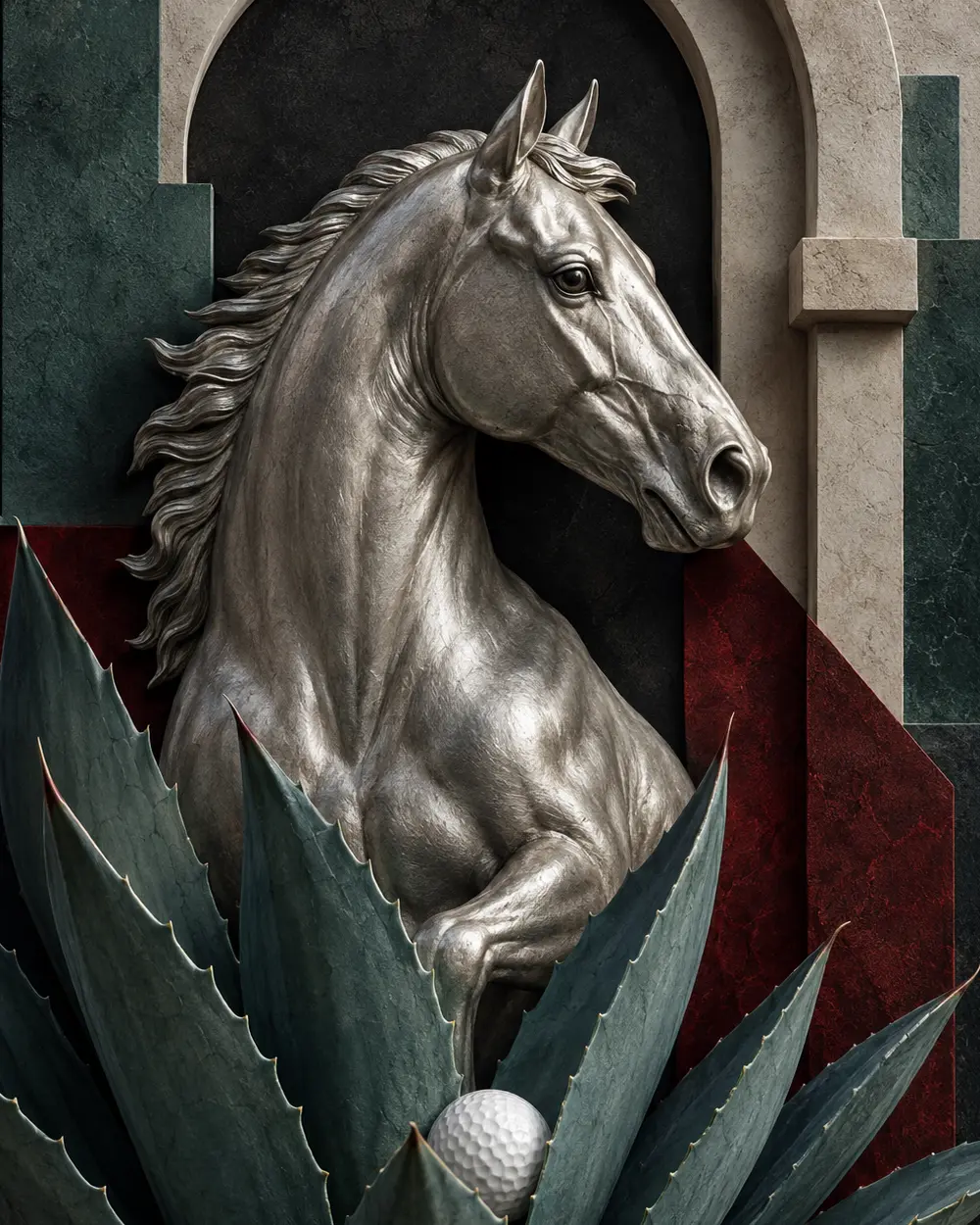A sculptural platinum horse rising behind agave leaves with a golf ball